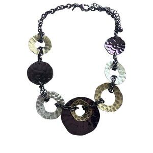 Mixed Metal Boho Statement Necklace Signed Laura Ashley Purple Hammered 15-18”